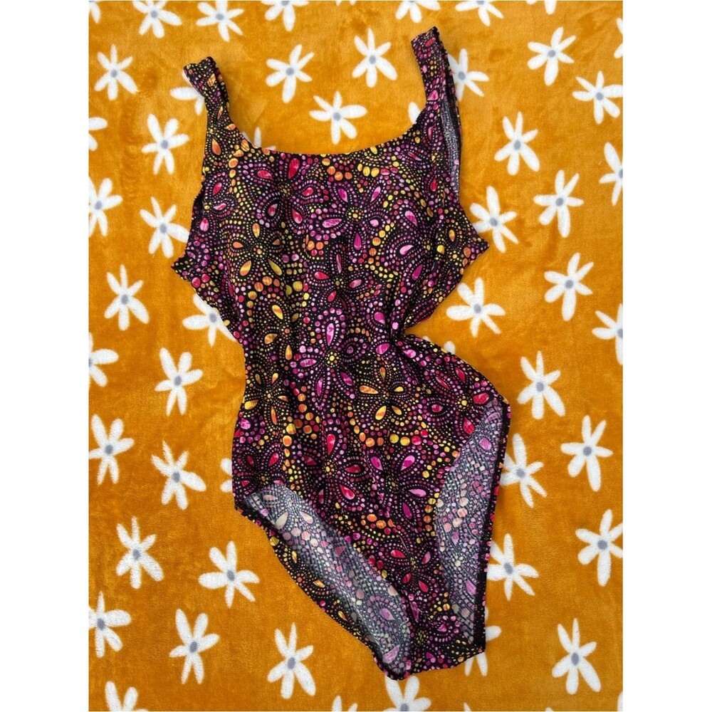 Vintage Black One-Piece Swimsuit Bright Pink & Yellow Dot Ribbed Floral Print